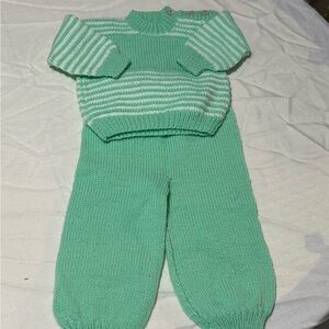Vintage Green and White Striped Knit Baby Outfit